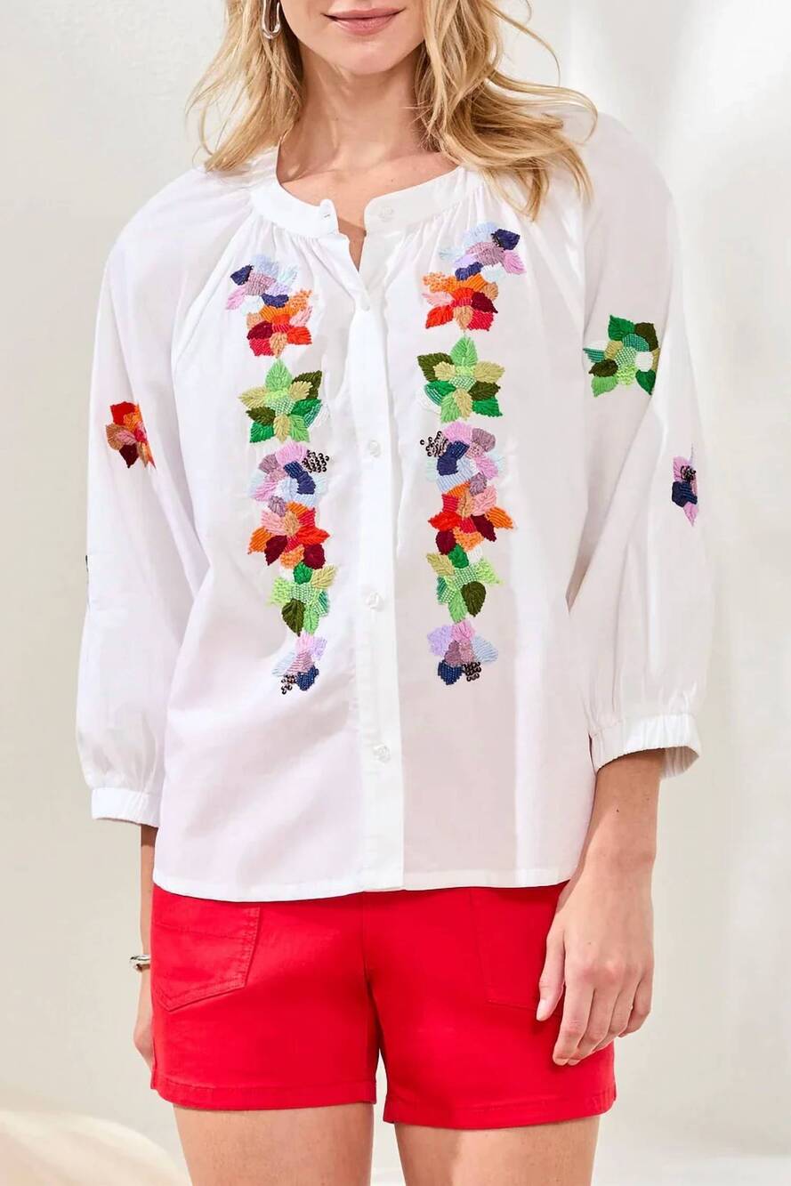 NEW TRIBAL three quarter sleeve embroidered blouse in white